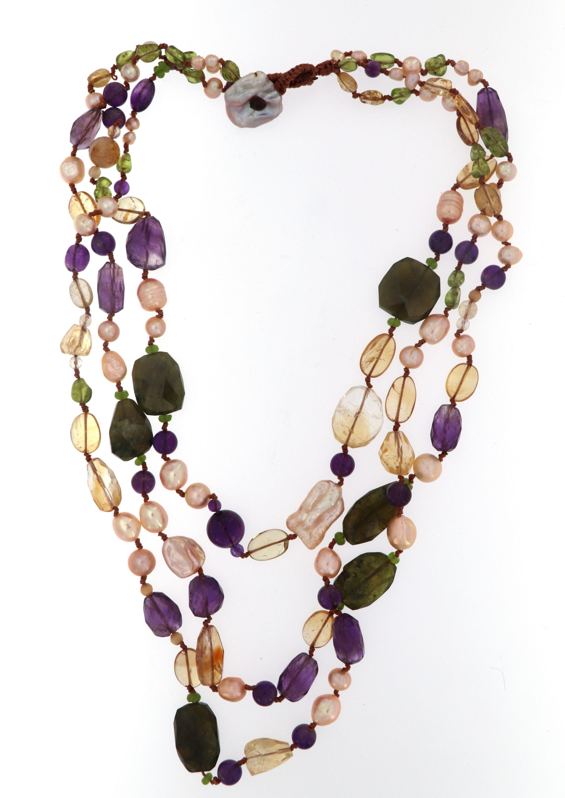 Collana 3 fili peridoto, citrino, ametista e perla rosa