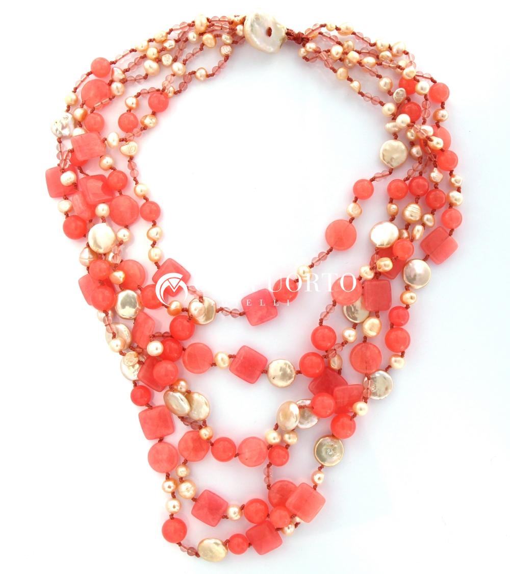 COLLANA 5 FILI AGATA CHERRY E PERLE DI FIUME