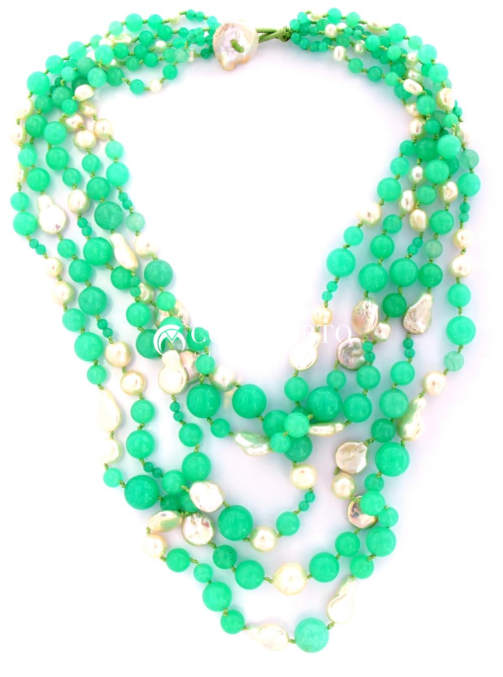 COLLANA 5 FILI AGATA VERDE E PERLE DI FIUME