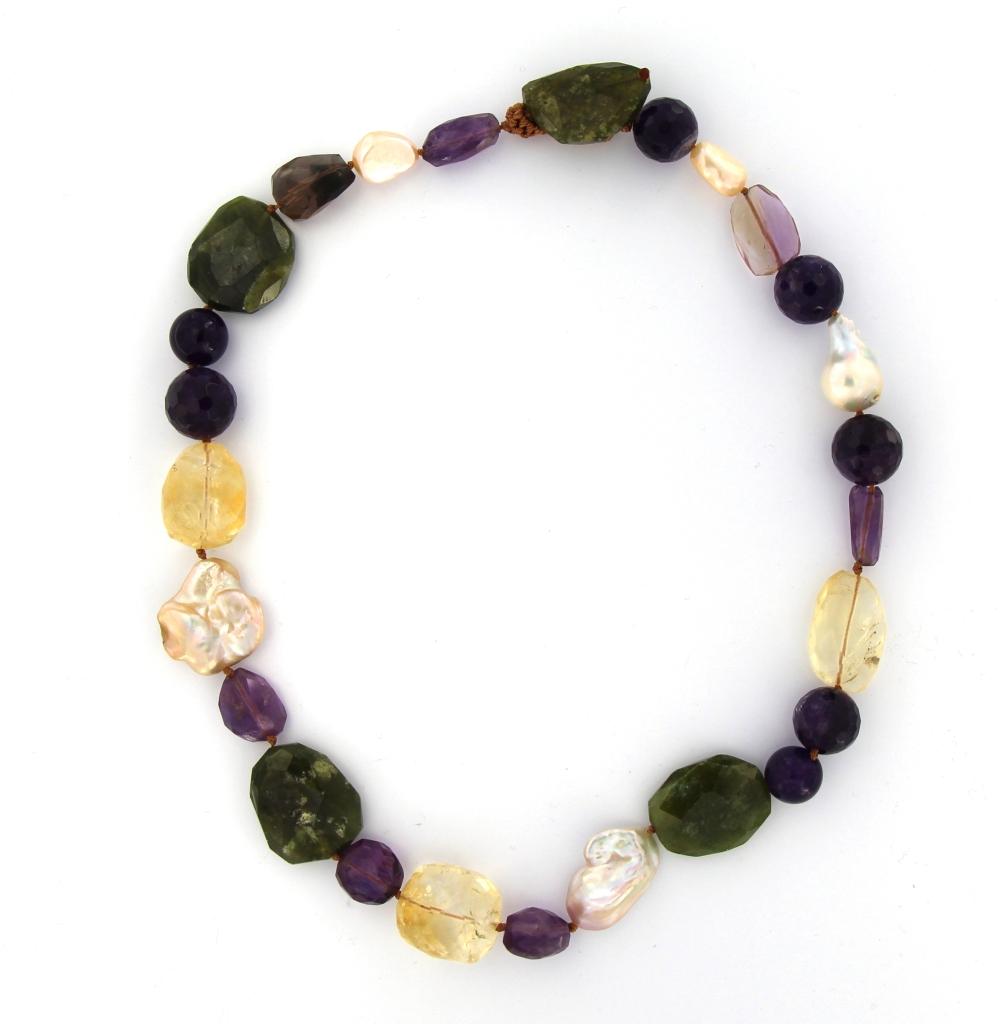 COLLANA 1 FILO PERIDOTO,CITRINO,AMETISTA E PERLA ROSA
