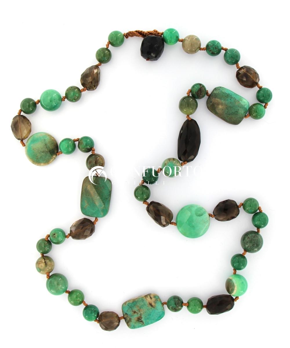 COLLANA 1 FILI CRISOPRASIO E QUARZO FUME