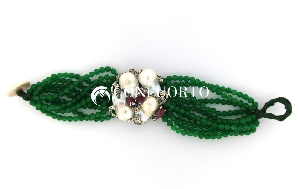 BRACCIALE 10 FILI AGATA VERDE CON MONTATURA IN ARGENTO 925% PERLE E RADICE DI RUBINO