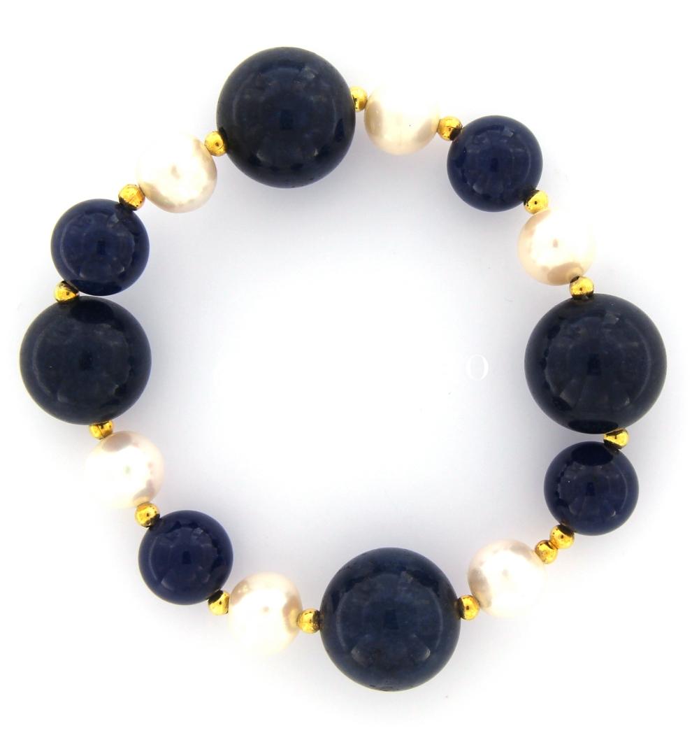 BRACCIALE ELASTICO IN AGATA BLU E PERLA