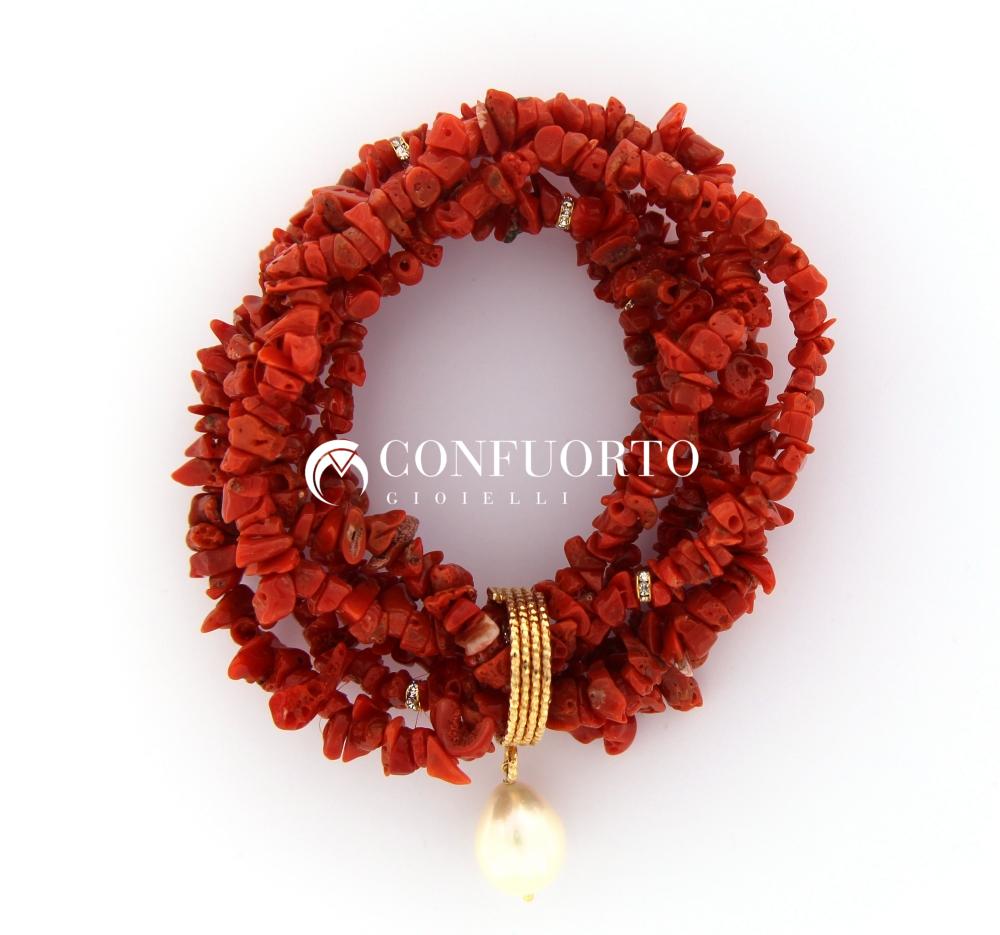 BRACCIALE ELASTICO 6 FILI IN CORALLO ROSSO CON ANELLO IN ARGENTO 925%