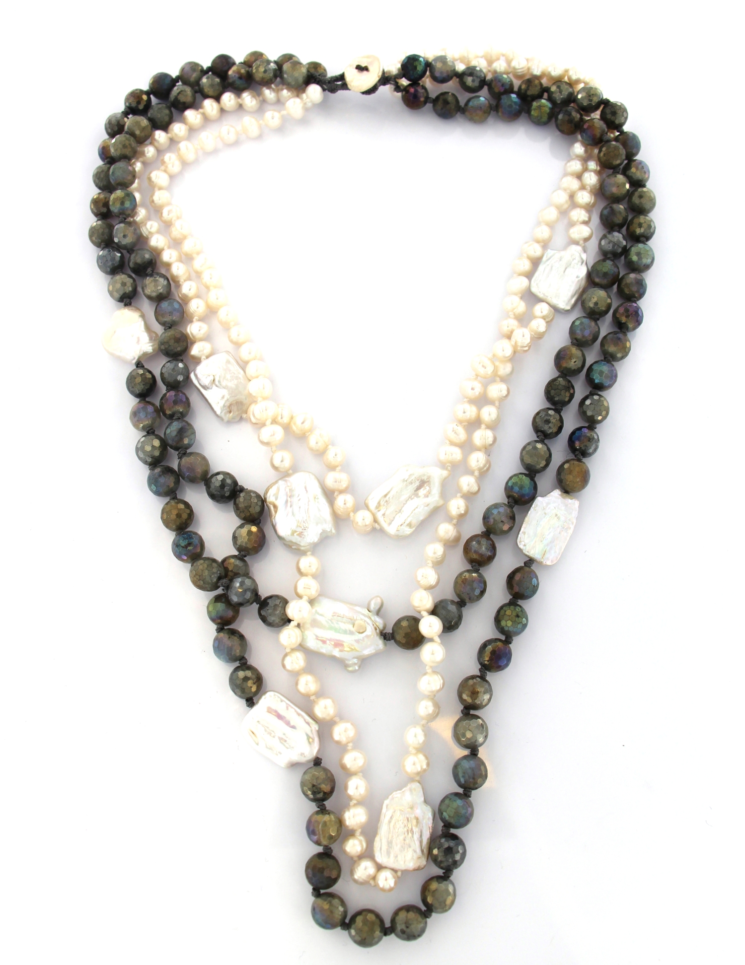 COLLANA 4 FILI LABRADORITE E PERLA BIANCA